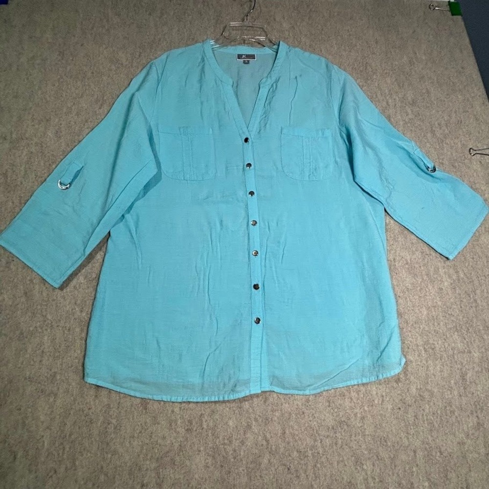 JM Collection‎ Blouse Wmn 18 Blue Polyester Textured Roll Tab Sleeve Casual Chic